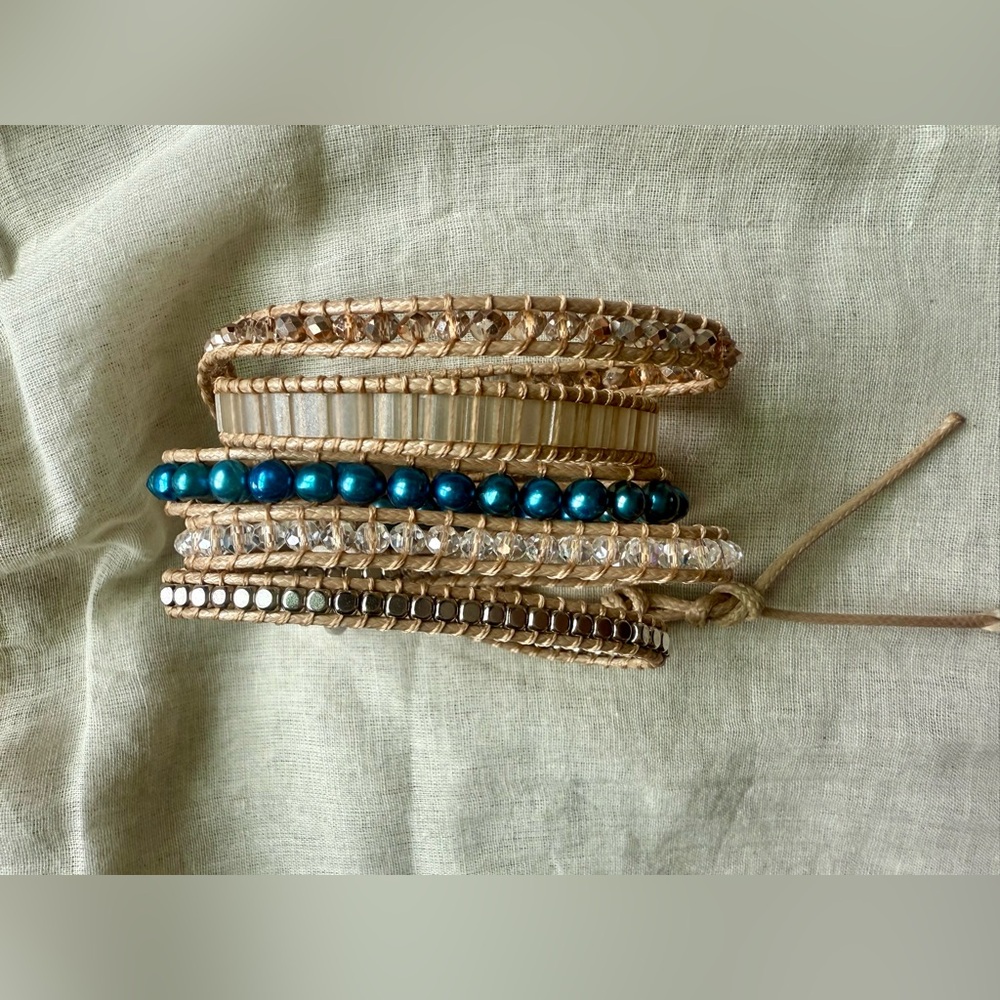 Victoria Emerson Vegan NWOT leather 5 wrap bracelet silver blue pearl and tan.